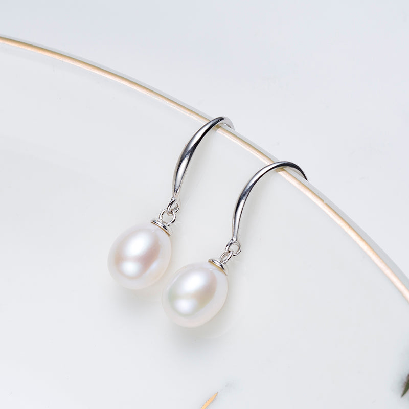 9-10mm White Cultured Freshwater Pearl Rhodium Over Sterling Sliver Dangle Earrings