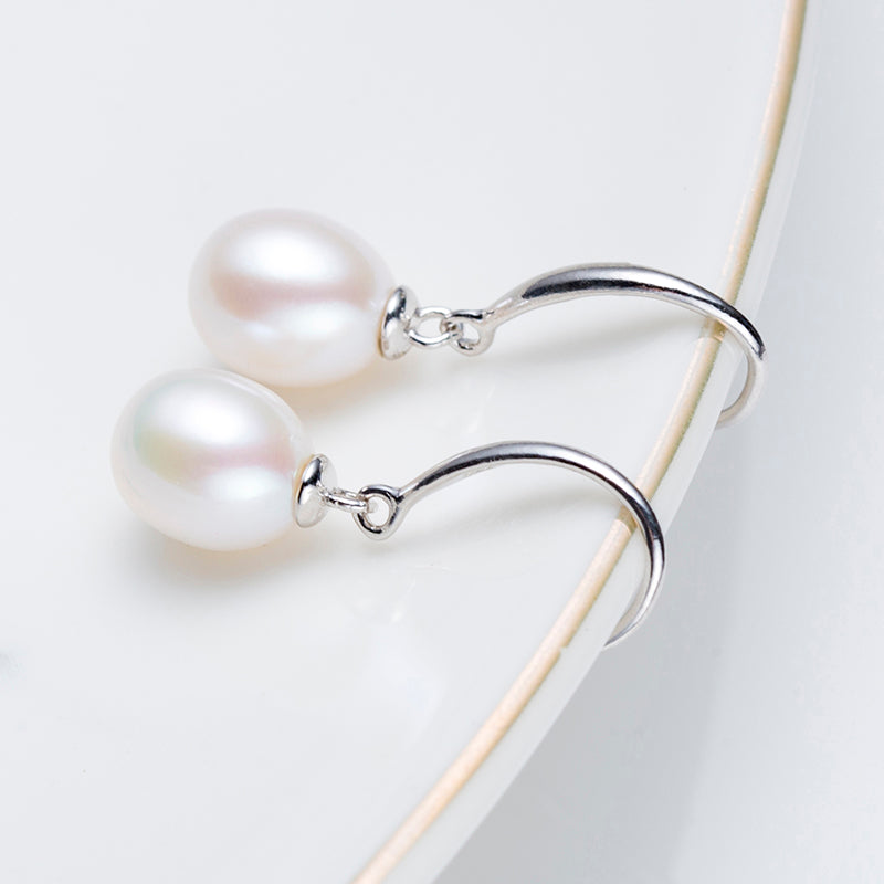 9-10mm White Cultured Freshwater Pearl Rhodium Over Sterling Sliver Dangle Earrings