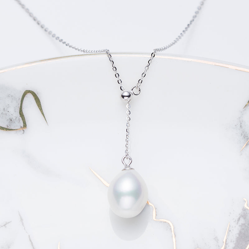 9-10mm Pear Shape White Cultured Freshwater Pearl Rhodium Over Sterling Sliver Pendant with Chain