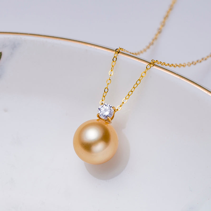 11-12mm Golden Cultured South Sea Pearl 18K Gold Diana Solitaire Pendant by ANGEPERLE