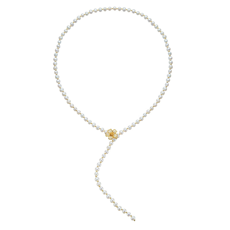 7-8mm White Cultured Freshwater Pearl Long Necklace 30inch with Golden Flower