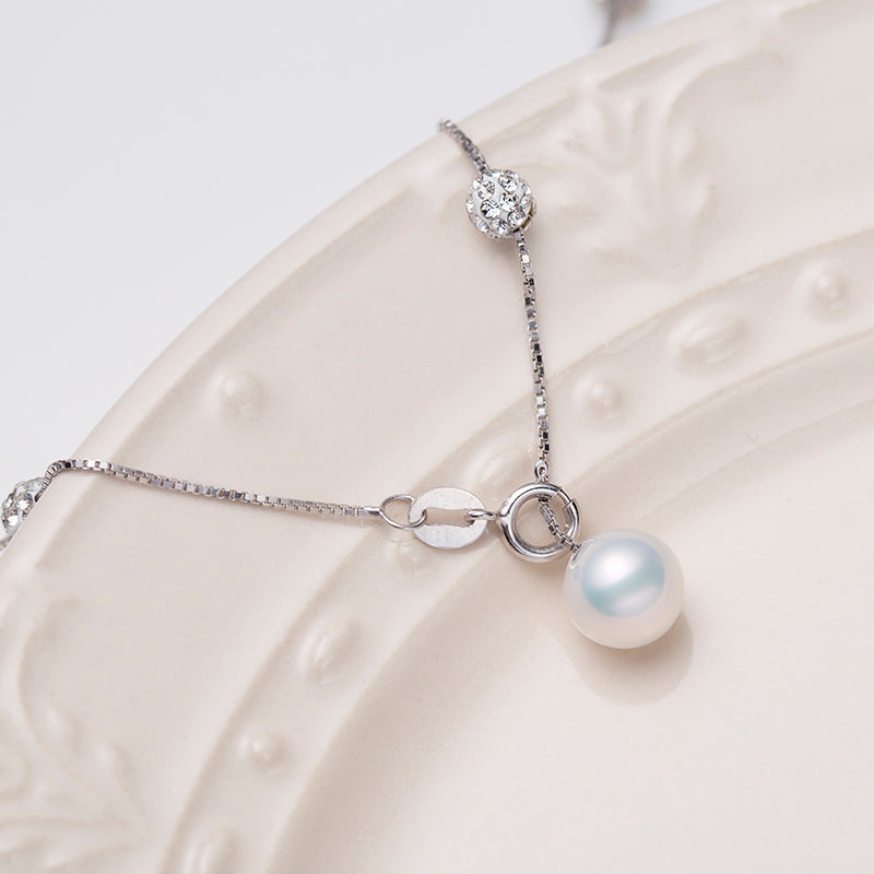 7-8mm White Cultured Freshwater AK Pearl Rhodium Over Sterling Sliver Tin Cup Necklace