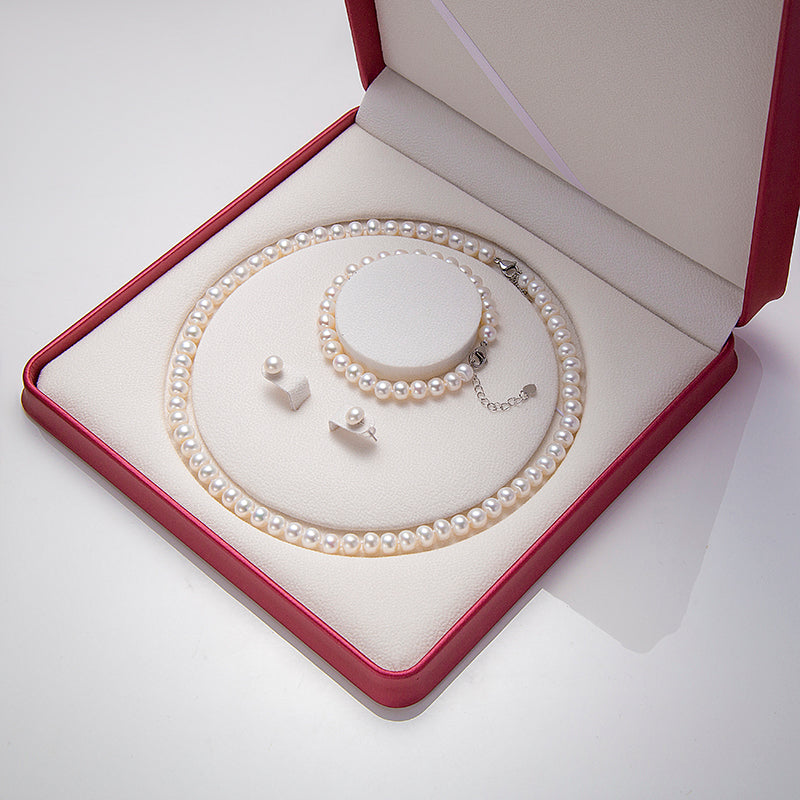 6.5-7.5mm White Cultured Freshwater Pearl Necklace Bracelet Earring Jewelry Set