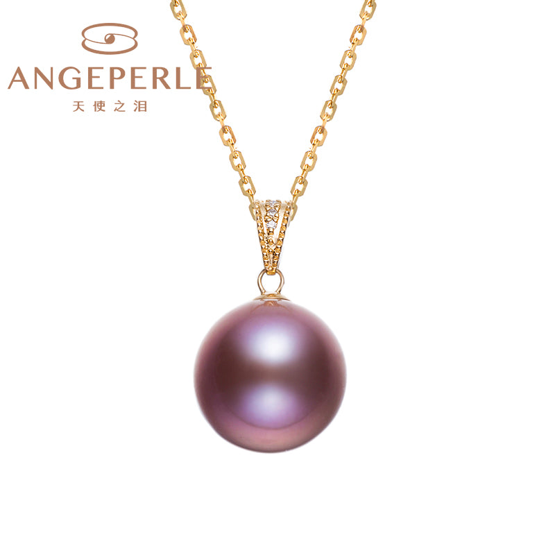 10-11mm Purple Culture Freshwater Edison Pearl 18K Solid Gold Pendant with Gold Plated Sterling Sliver Chain