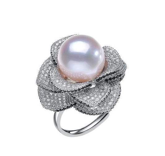 Gablily Silver Rose Pearl Ring : 11-12mm Freshwater S925 Silver (TSBJ617)