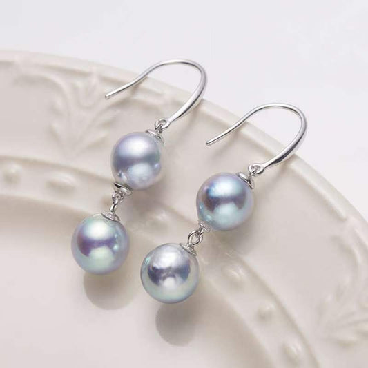 Gourd Shape Double Bead Akoya Madama Blue Pearl Earrings：8-9mm Seawater S925 Silver (zpjy029)