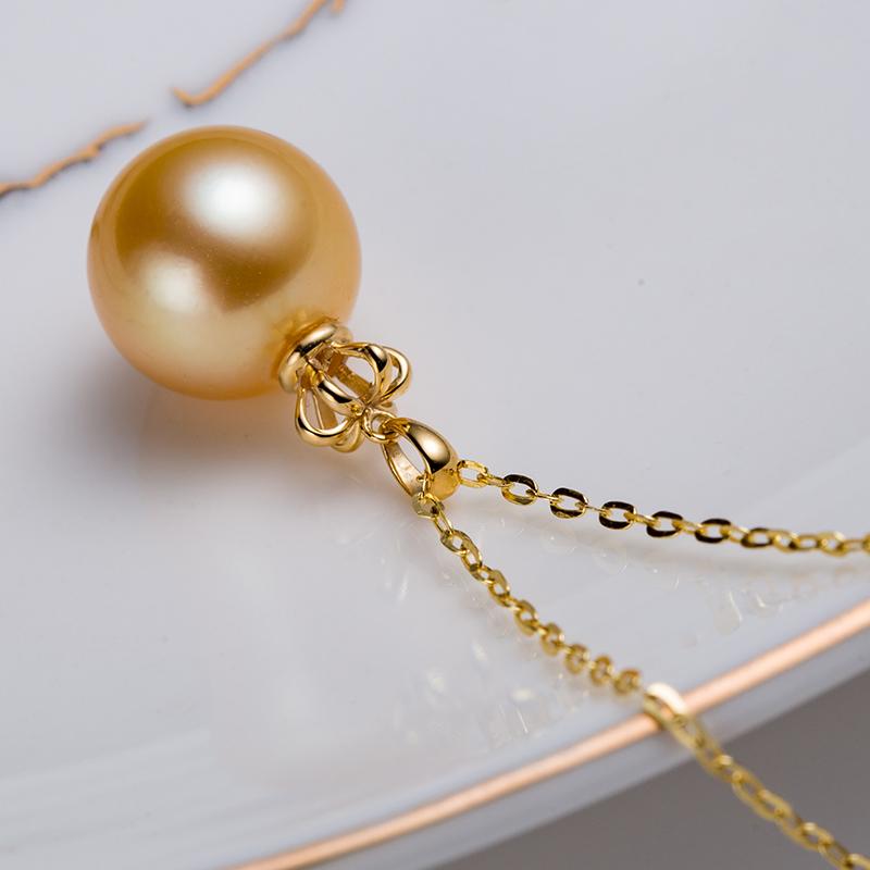 Crown Shape South Sea Golden Pearl Pendant Big Size High Quality: 11-12mm Seawater 18K Gold Clasp And Silver Chain (SZJY074)