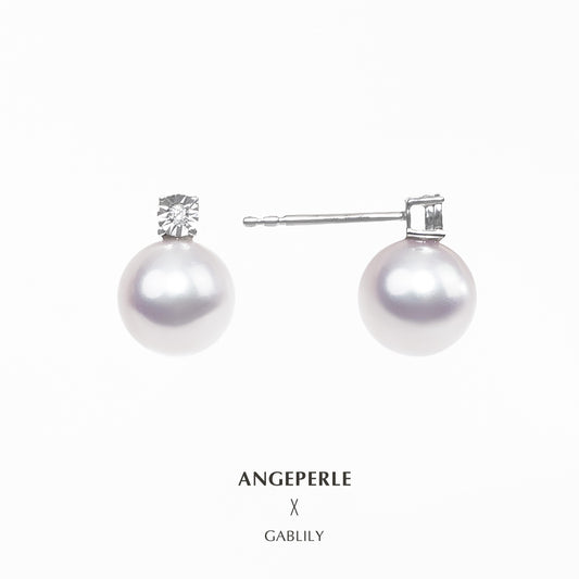 High Quality Akoya Princess Style Pearl Earrings: 7-7.5 mm Seawater 18 K White Gold And Diamond (TSJCY168)