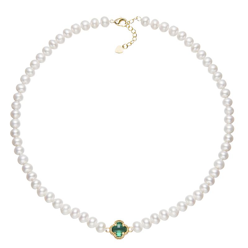 Green Four Leaves White Pearl Necklace：6.5-7.5mm Freshwater Alloy (TDDW015)