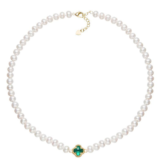 Green Four Leaves White Pearl Necklace：6.5-7.5mm Freshwater Alloy (TDDW015)