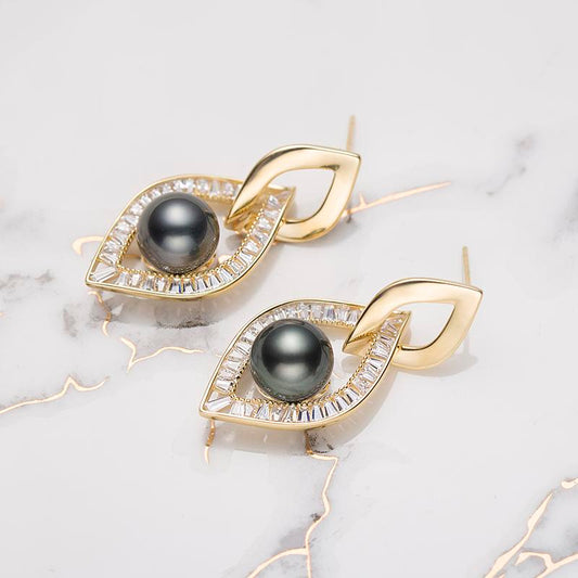 Angel Eyes Tahitian Pearl Earrings：8-9mm Seawater S925 Silver (TSXX209)