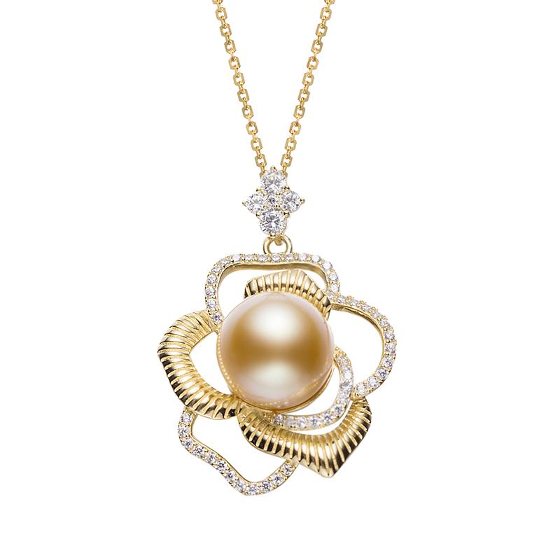 10-11mm South Sea Golden Pearl Floral S925 Silver Pendant by ANGEPERLE