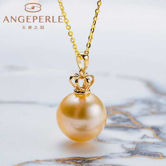 Crown Shape South Sea Golden Pearl Pendant Big Size High Quality: 11-12mm Seawater 18K Gold Clasp And Silver Chain (SZJY074)