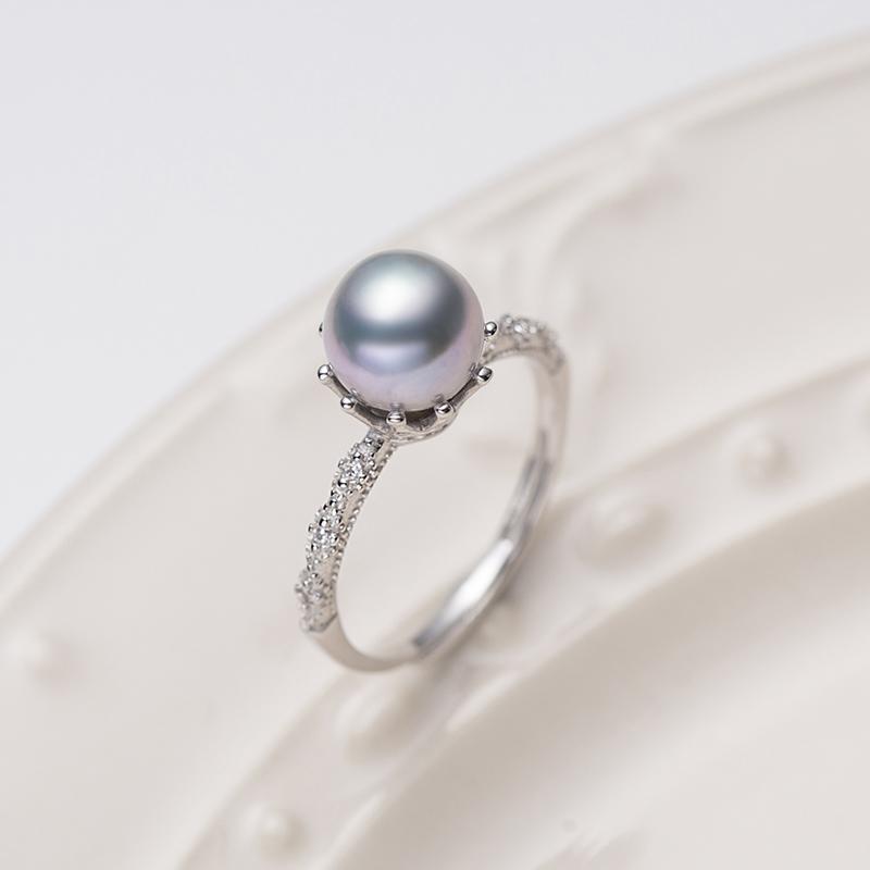 Akoya Madama Blue Pearl Classical Ring: 7-8mm Seawater S925 Silver (tsjcy044)