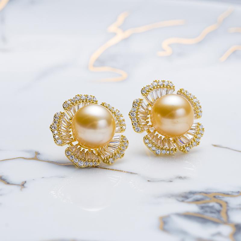 Peach Blossom Shape South Sea Gold Pearl Earrings ：9-10mm Seawater S925 silver (TSCY509)