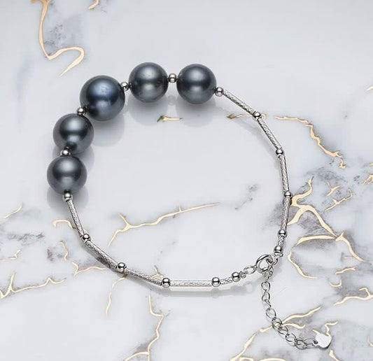 Silver Tubes, Silver Beans And Tahitian Pearls Bracelet：10-11mm Seawater S925 Silver (TSBJ8061)